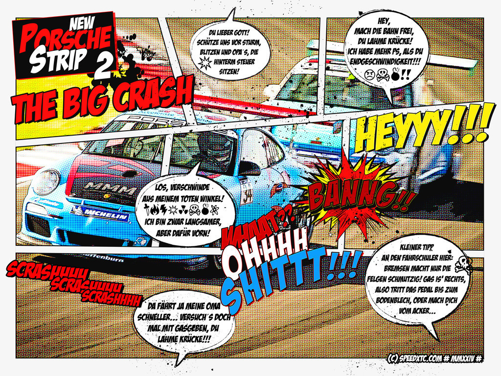 Race Comic "The Big Crash" | Comic-Wandbild mit einem Motiv aus dem Motorsport. Zwei Piloten kämpfen erbittert um den ersten Podiumsplatz. Wie hart sie "fighten" verdeutlichen die Sprechblasen im Comic-Stil.Ein hochwertiges Wandbild in brillanter Druckqualität auf Acrylglas, Alu-Dibond, Leinwand und vielen weiteren Wandprodukten perfekte geeignet für Ihr Ambiente. - Realisiert mit Pictrs.com