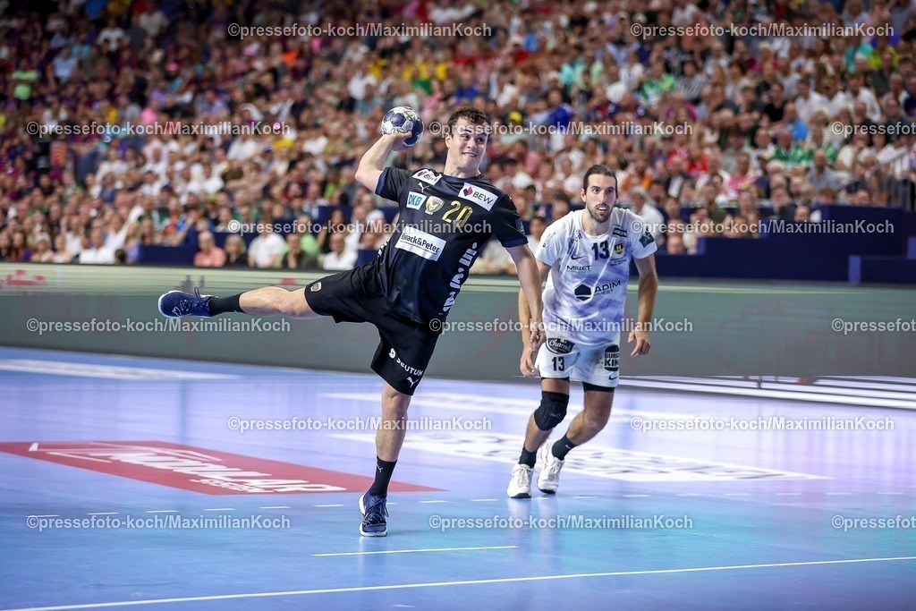 KoeEHF14062501065 | 14.06.2025, Handball, Halbfinale TruckScout24 EHF FINAL4, LANXESS arena Köln, Füchse Berlin - HBC Nantes: Tim Freihöfer (Fuechse Berlin #20) 