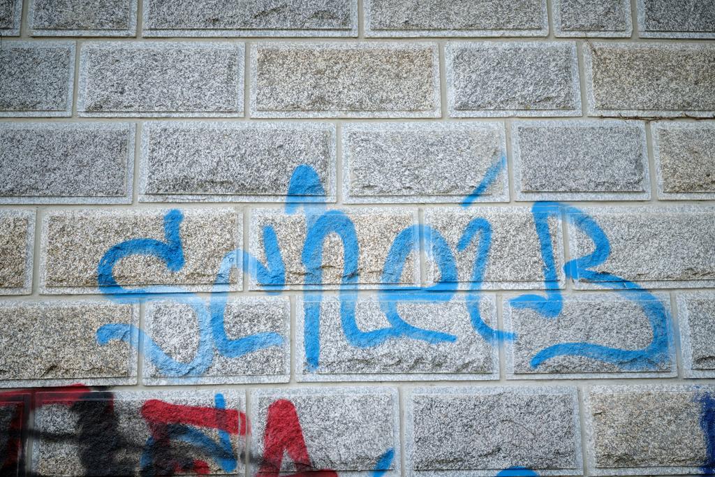 Graue Mauer mit blauer Aufschrift Scheiss | Wien, Austria - August 20, 2024: Graue Mauer mit blauer Aufschrift Scheiss. - Realisiert mit Pictrs.com