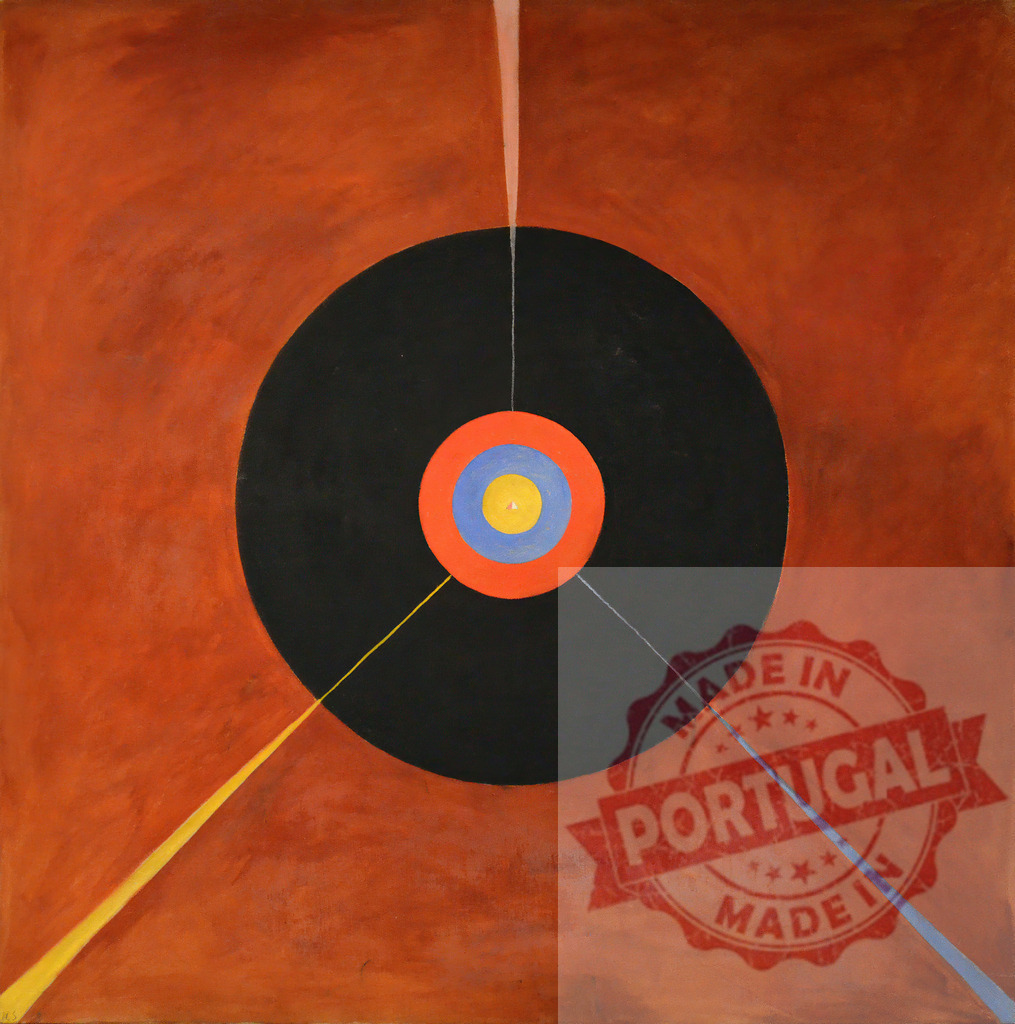 Hilma af Klint finding spirituality in abstract concentric circles. Hilma af Klimt | Abstract painting showing a large black circle with colorful concentric rings and radiating lines - Realized with Pictrs.com
