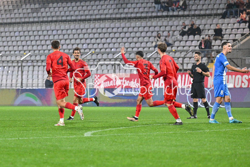 FC Bayern Amateure - FV Illertissen | Jubel der kleinen Bayern nach dem Trefferzum 1-1 durch Luca DENK (FC Bayern München II #6) / Freude / Happy / tor / torschuetze