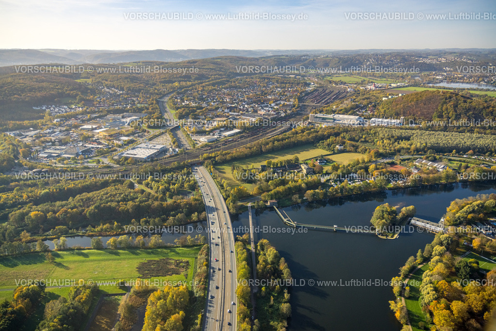 Hagen221015278 | Luftbild, Wehr Stiftsmühle, neue Radbrücke, Autobahn A1, Volme Mündung, Fluss Ruhr, Güterbahnhof Vorhalle, Hagen, Ruhrgebiet, Nordrhein-Westfalen, Deutschland