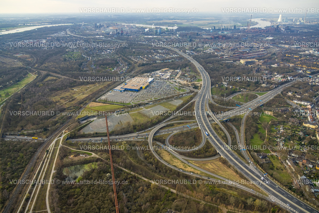 Duisburg240304789 | Luftbild, Autobahnkreuz Duisburg-Nord mit Baustelle, Autobahn A42 und Autobahn A59, Ikea Möbelhaus, Zeus Gelände, Obermeiderich, Duisburg, Ruhrgebiet, Nordrhein-Westfalen, Deutschland, Duisburg-N