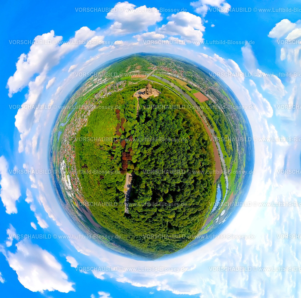 PortaWestfalica24059056Kaiser-Wilhelm-Denkmal | Luftbild, Kaiser-Wilhelm-Denkmal, kulturelles Denkmal, Wiehengebirge und Fluss Weser, Erdkugel, Fisheye Aufnahme, Fischaugen Aufnahme, 360 Grad Aufnahme, tiny world, little planet, fisheye Bild, Barkhausen, Porta Westfalica, Ostwestfalen, Nordrhein-Westfalen, Deutschland