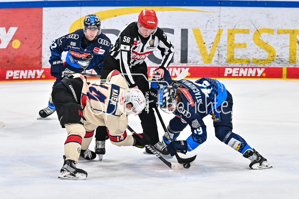 ERC Ingolstadt - Nuernberg Ice Tigers | beim Bully Cole MAER (Nuernberg Ice Tigers 14) und Wojciech STACHOWIAK (ERC Ingolstadt 19) / Zweikampf / Duell / DEL: ERC Ingolstadt - Nuernberg Ice Tigers, Saturn Arena am 21.03.2025