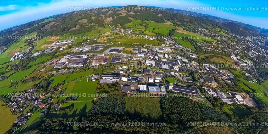 Plettenberg230990274Koebbinghausen | Luftbild, Gewerbegebiet Köbbinghauser Hammer, Erdkugel, Fisheye Aufnahme, Fischaugen Aufnahme, 360 Grad Aufnahme, tiny world, Holthausen, Plettenberg, Sauerland, Nordrhein-Westfalen, Deutschland
