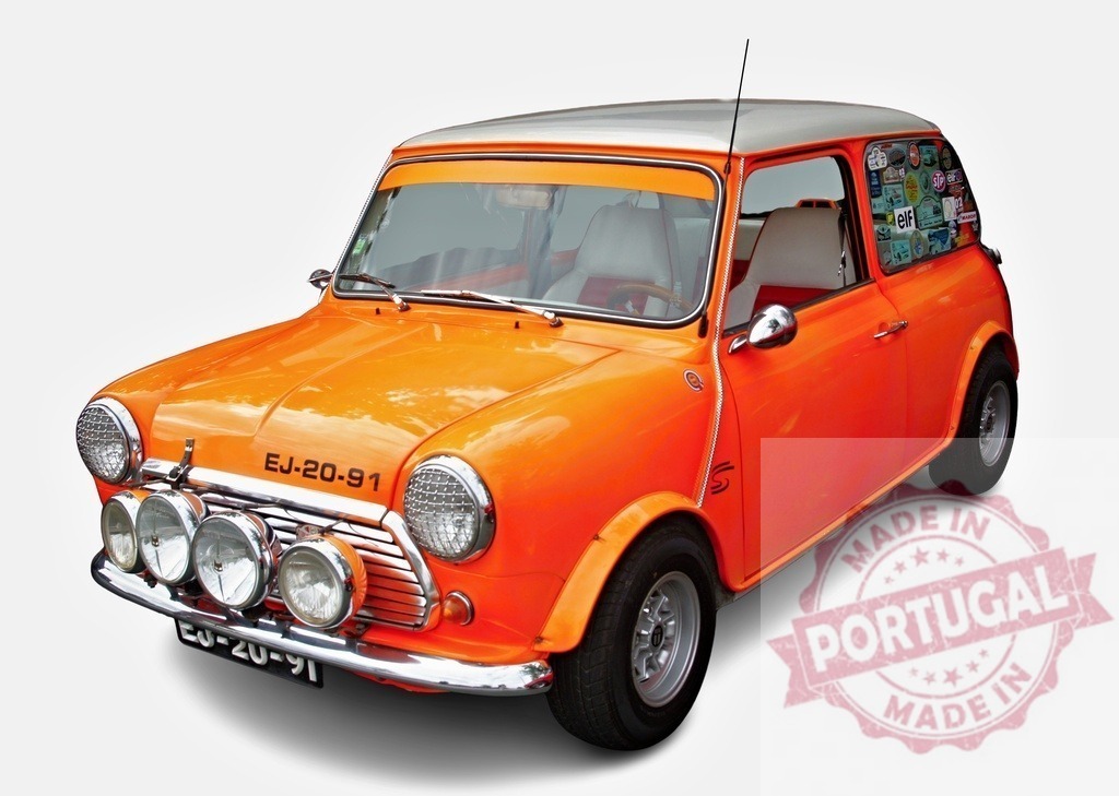 Orange Mini Cooper shining with four auxiliary lights | Classic Mini Cooper featuring a vibrant orange paint, four auxiliary lights, and various stickers, exuding a vintage charm - Realized with Pictrs.com