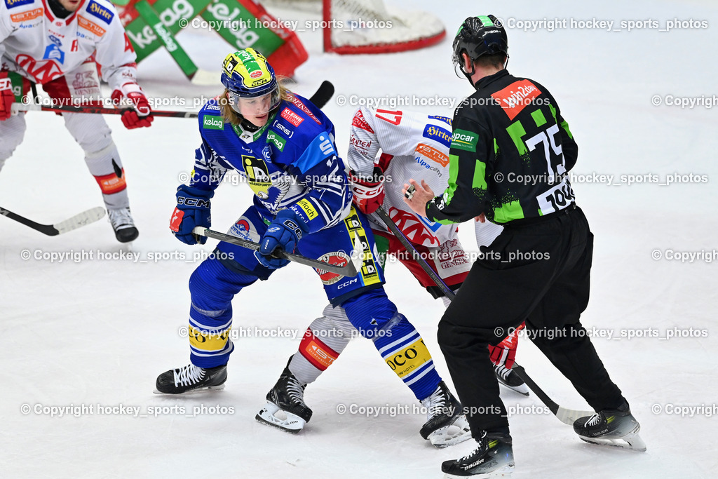 EC IDM WÄRMEPUMPEN VSV vs. EC KAC | #12 Pearson Chase EC VSV, #17 Pastujov Nick EC KAC,  Durmis Oto Referee, EC IDM WÄRMEPUMPEN VSV vs. EC KAC, EC IDM WÄRMEPUMPEN VSV vs. EC KAC am 02.02.2025 in Villach (Stadthalle Villach), Austria, (Photo by Bernd Stefan)