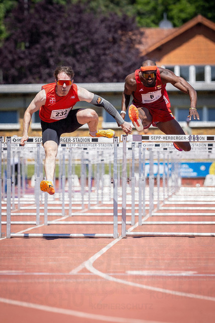 B&amp;S Kurpfalz Gala; Weinheim, 23.05.2026 | WEINHEIM, GERMANY - MAY 24: Stefan Volzer (GER/TSV Bayer o4 Leverkusen) takes the win over 100m hurdles during the B&amp;S Kurpfalz Gala am 23.05.2026 at the  Sepp-Herberger-Stadium in Weinheim (Baden-Wuerttemberg / Germany).