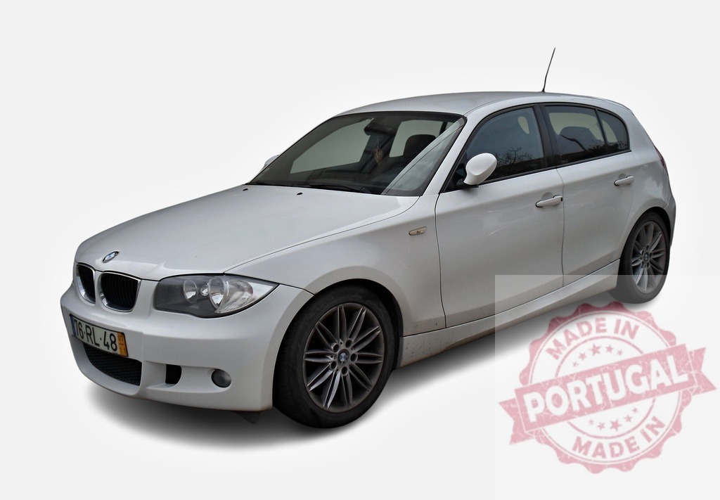 White BMW 1 Series Hatchback Parked on White Background | Stylish white BMW 1 Series hatchback parked, showcasing its sleek design and sporty appeal - Realized with Pictrs.com
