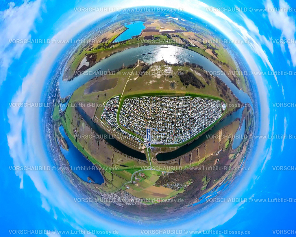 Wesel240390079Graf-Insel | Luftbild, Campingplatz Grav-Insel am Fluss Rhein und Flürener Altrhein, Erdkugel, Fisheye Aufnahme, Fischaugen Aufnahme, 360 Grad Aufnahme, tiny world, little planet, fisheye Bild, Flürener Feld, Wesel, Nordrhein-Westfalen, Deutschland
