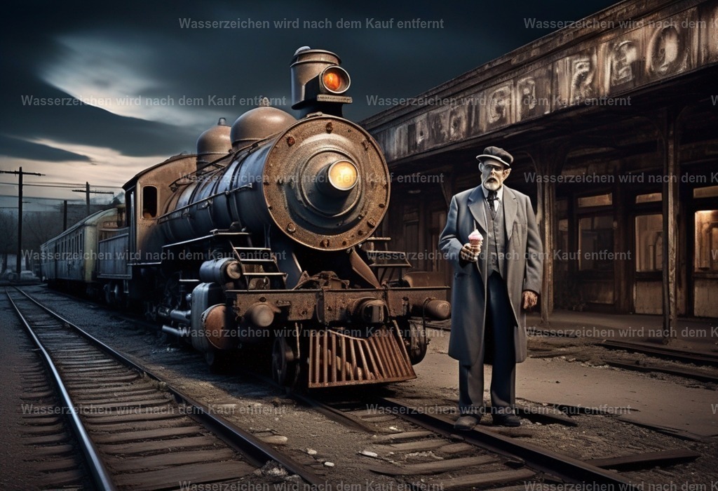 95de6e42-85ff-4957-bbab-d8d46acb5a46_neuroflash-Decayed_train_station_with_old_steam_locomotive_an_1713174707 | Entdecken Sie die faszinierende Welt von Norbert Michels: Surreale Kunstwerke, hochwertige Fotos, Leinwandbilder & Fotoprodukte wie Tassen mit bild7 - Realisiert mit Pictrs.com