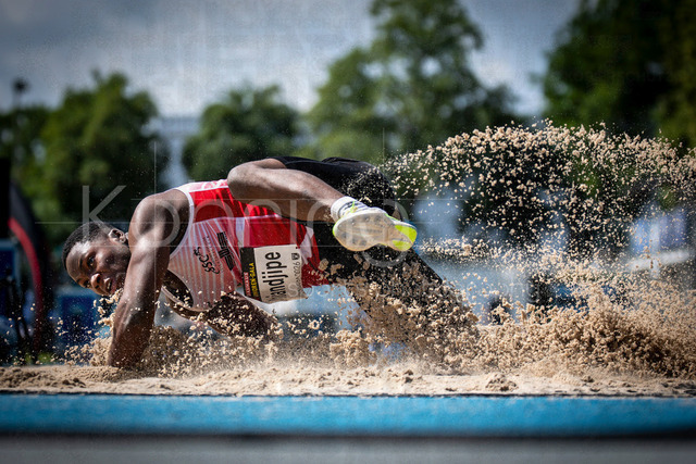 Juniorengala 2026; Mannheim, 14.06.2026 | MANNHEIM, GERMANY - JUNE 14, 2026 : Leoniel Octavianus Ahiandjipe (GER/Schweriner SC) competing in the men’s U20 long jump during the Juniorengala 2026 at Michael-Hoffmann-Stadion on June 14, 2026 in Mannheim, Germany.