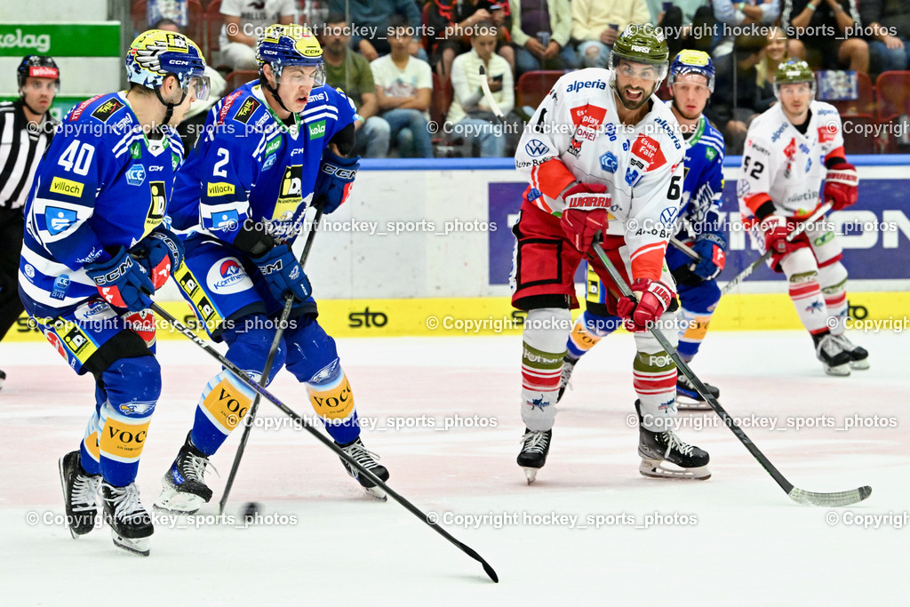 EC IDM Wärmepumpen VSV vs. HC Bozen 19.9.2023 | #40 WALLENTA Elias,  #2 MACPHERSON Dylan, #6 Lessio Lucas, win2day icehockeyleague, EC IDM Wärmepumpen - HC Bozen  am 19.09.2023 in Villach (Stadhalle Villach), Austria, (Photo by Bernd Stefan)