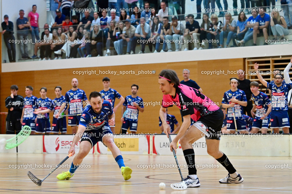 VSV Unihockey vs. Wiener Floorball Verein | #5 Michael Kanduth VSV Unihockey, #81 LAUKKANEN Jesse Wiener Floorballverein, VSV Unihockey vs. Wiener Floorball Verein, VSV Unihockey vs. Wiener Floorball Verein am 18.05.2025 in Villach (Ballspielhalle St. Martin), Austria, (Photo by Bernd Stefan)