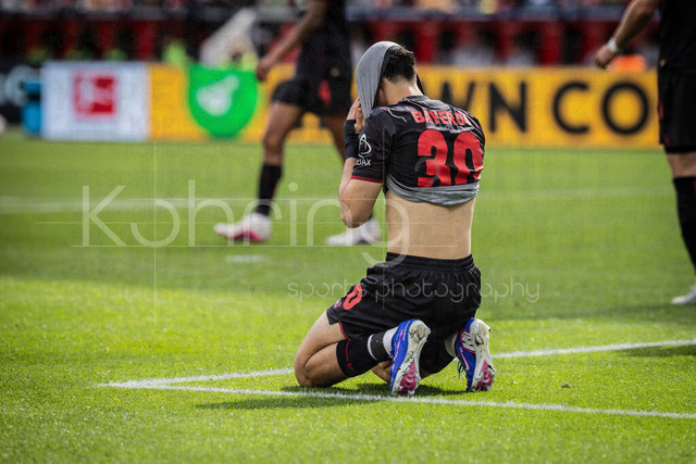 German Bundesliga, Bayer 04 Leverkusen vs. Hamburger SV, 16.05.2026 | LEVERKUSEN, GERMANY - MAY 16, 2026 :  Ibrahim Maza (Bayer 04 Leverkusen, 30) emotional during the German Bundesliga match on gameday 34 between Bayer 04 Leverkusen vs. Hamburger SV at BayArena on May 16, 2026 in Leverkusen, Germany. DFL REGULATIONS PROHIBIT ANY USE OF PHOTOGRAPHS AS IMAGE SEQUENCES AND/OR QUASI-VIDEO.