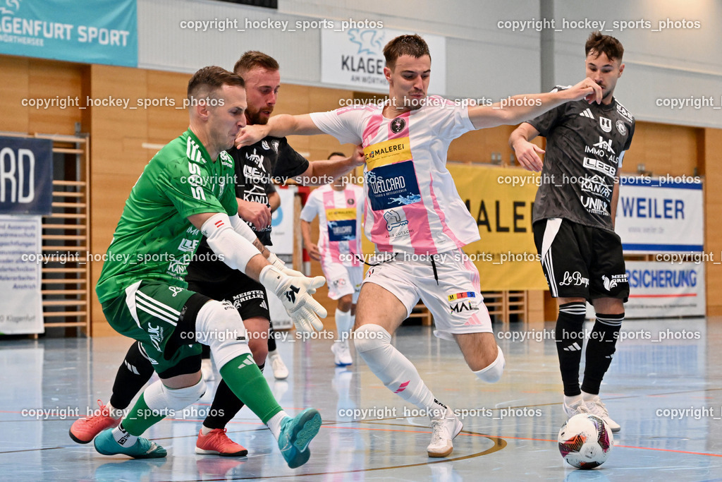 Carinthia Flamengo Futsal Club vs. FC Ljuti Krajisnici | #24 Dominik Hemmelmayer FC Ljuti Krajisnici, #77 Seid Suljkanovic FC Ljuti Krajisnici, #2 Faris Buljubasic Carinthia Flamengo, #10 Kenan Salo FC Ljuti Krajisnici, Carinthia Flamengo Futsal Club vs. FC Ljuti Krajisnici, Carinthia Flamengo Fusal Club vs. FC Ljuti Krajisnici am 12.10.2025 in Klagenfurt (Ballspielhalle Viktring), Austria, (Photo by Bernd Stefan)