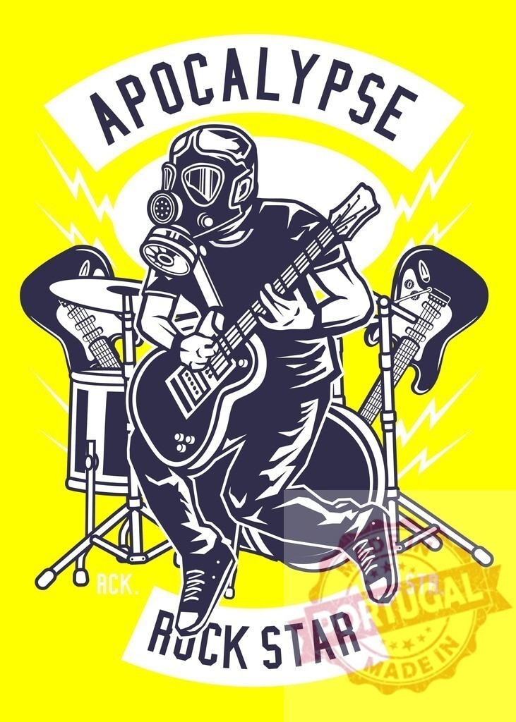 Gas mask rock star playing apocalypse music poster | Rock star in gas mask playing guitar with drums on a bright yellow background - Realized with Pictrs.com