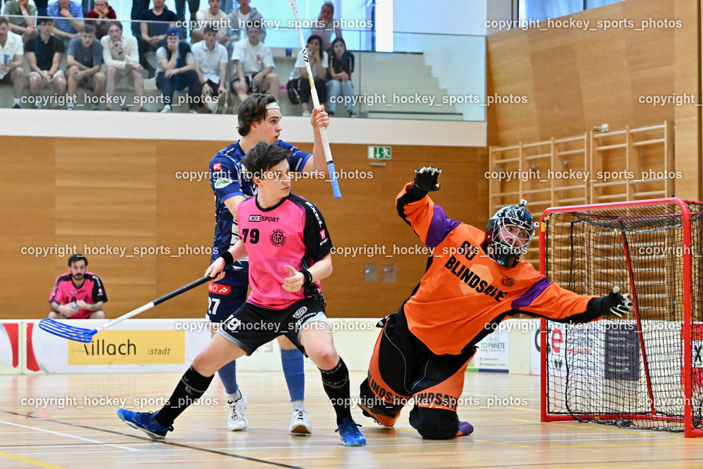 VSV Unihockey vs. Wiener Floorball Verein | #80 BEZUCHA Bernhard Wiener Floorballverein, #79 LANGER Christopher Wiener Floorballverein, #27 Lukas Floriantschitz VSV Unihockey, VSV Unihockey vs. Wiener Floorball Verein, VSV Unihockey vs. Wiener Floorball Verein am 18.05.2025 in Villach (Ballspielhalle St. Martin), Austria, (Photo by Bernd Stefan)