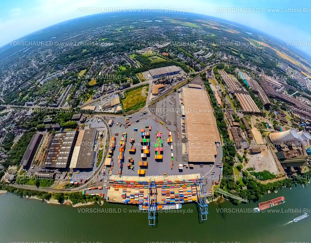 Duisburg230790229_LogPort II | Luftbild, logport II am Fluss Rhein, Erdkugel, Fisheye Aufnahme, Fischaugen Aufnahme, 360 Grad Aufnahme, tiny world, Wanheim-Angerhausen, Duisburg, Ruhrgebiet, Nordrhein-Westfalen, Deutschland