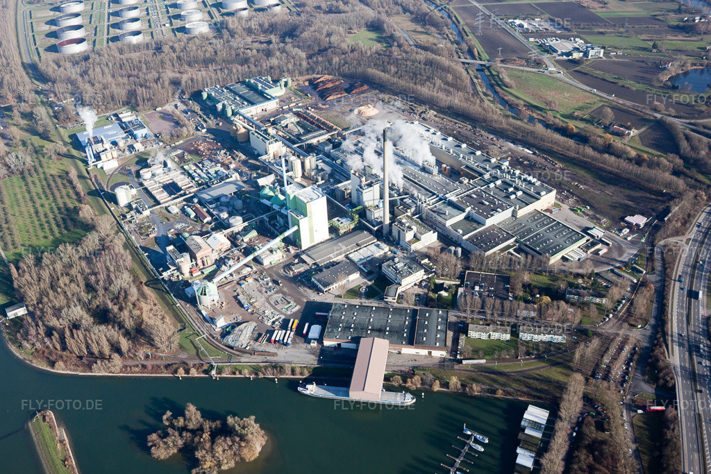 Luftbild: Werksgelände Papierfabrik Stora Enso im Ortsteil Maxau im Ortsteil Knielingen in Karlsruhe im Bundesland Baden-Württemberg in Deutschland. Foto: IMG_23064.jpg vom 02.12.2009 durch Werner Riehm/FLY-FOTO.de