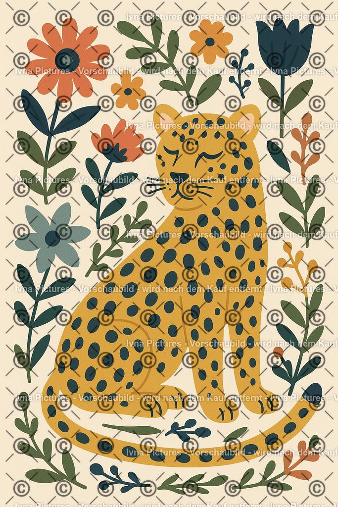 Leopard in Blütenprach | Ein stilisierter Leopard sitzt entspannt umringt von farbenfrohen Blumen. Die klaren Formen und warmen Farben im skandinavischen Stil verleihen dem Motiv eine moderne, freundliche und zugleich elegante Ausstrahlung. - Realisiert mit Pictrs.com