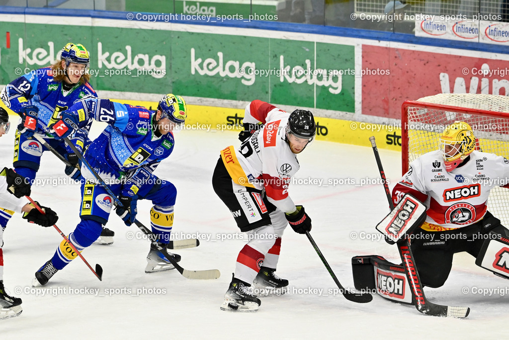 EC IDM Wärmepumpen VSV vs. Pioneers Vorarlberg | #30 Caffi Alex PIONEERS VORARLBERG, #28 Macdougall Ross PIONEERS VORARLBERG, #26 VAN NES Guus EC VSV, #12 Pearson Chase EC VSV, EC IDM Wärmepumpen VSV vs. Pioneers Vorarlberg, EC IDM Wärmepumpen VSV vs. Pioneers Vorarlberg am 14.12.2024 in Villach (Stadthalle Villach), Austria, (Photo by Bernd Stefan)