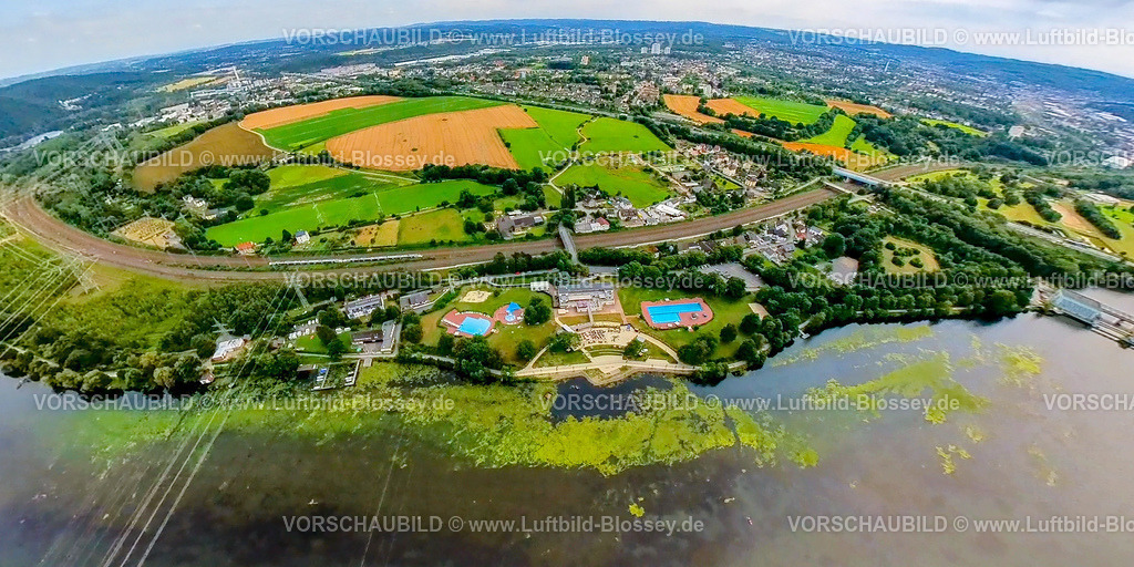Hagen240790007HengsteyseeElodea | Luftbild, Hengsteysee mit Algenbewuchs, Algenpest, Elodea, Strandbad, Freibad, Salitos Beach, Strandhaus, Fischaugenaufnahme, fish eye, Ruhrtal, Hagen, Nordrhein-Westfalen, Deutschland, 