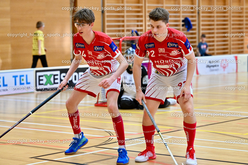 VSV Unihockey vs. KAC Floorball | #94 Moritz Gunzer KAC Floorball, #92 Maximilian Mörtl KAC Floorball, VSV Unihockey vs. KAC Floorball, VSV Unihockey vs. KAC Floorball am 12.04.2025 in Villach (Ballspielhalle St. Martin), Austria, (Photo by Bernd Stefan)