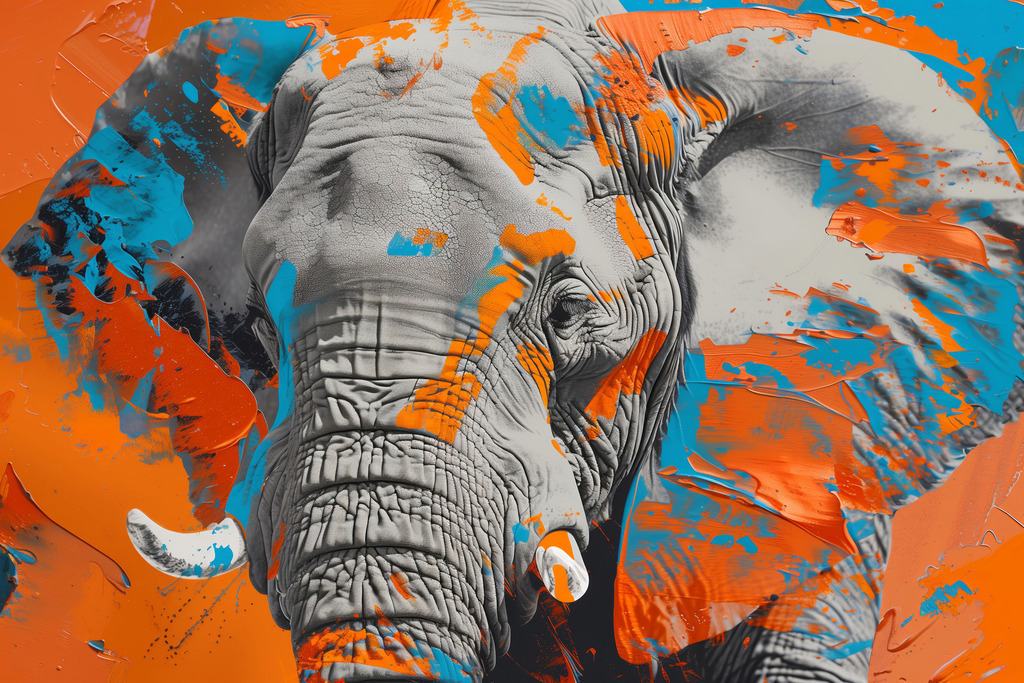 2403002 - Elefant in orange und blau | Ein fotorealistisches Motiv eines Elefanten im Mixed Media Stil  mit orangenen und blauen Farbklecksen.