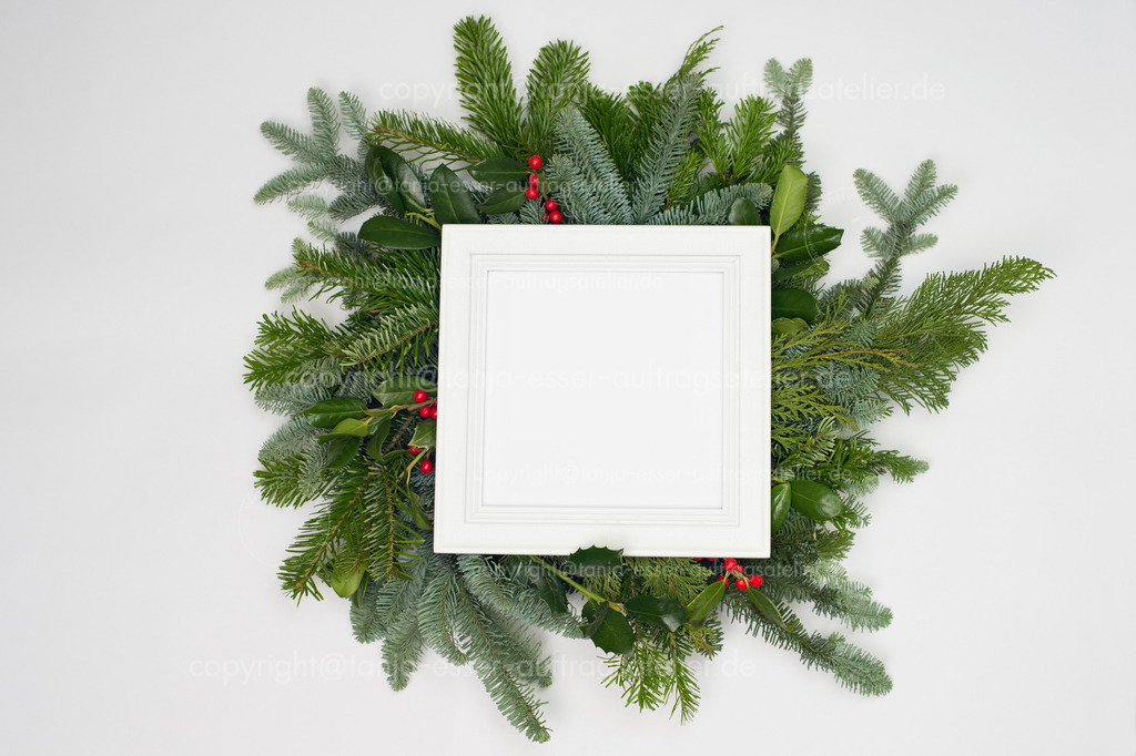 Picture frame with english text:  Merry Christmas in front of fir green | Ein Kreis aus Zweigen verschiedener Tannensorten. Grüne und blaue Tannen. Ein weißer Holzrahmen bietet Copy Space. Mock Up. 