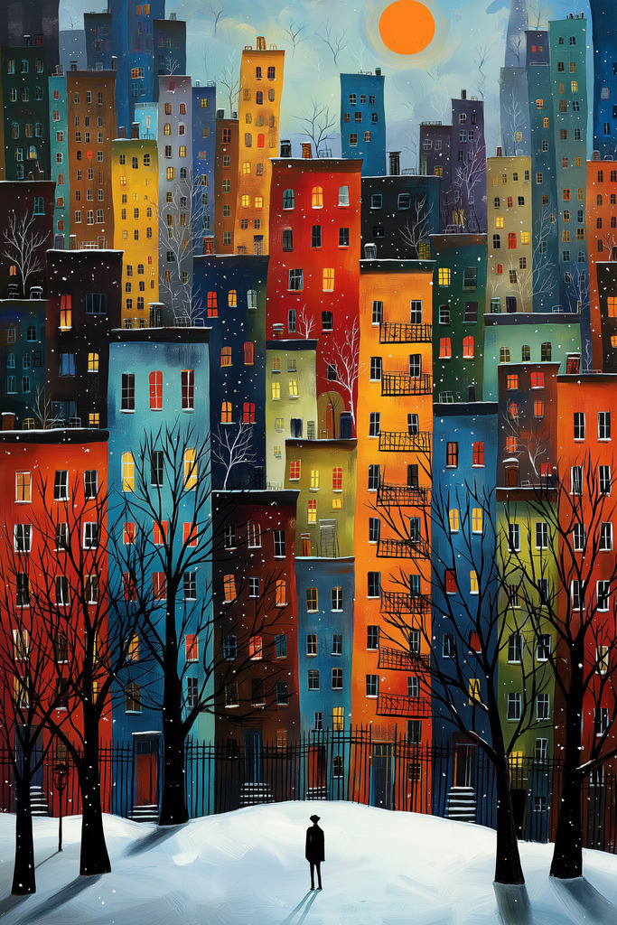 2604017 - Metropole im Winterschlaf | Eine kunstvolle Interpretation der winterlichen New Yorker Skyline. Die eng gestaffelten Hochhäuser mit ihren charakteristischen Feuertreppen und leuchtenden Fensterfronten fangen die typische vertikale Dichte Manhattans ein. Vor der farbenfrohen Kulisse der Metropole steht eine einsame Silhouette im verschneiten Central Park (oder einem städtischen Platz), während eine tiefstehende Wintersonne die Szenerie in ein warmes Licht taucht. Ein Bild, das die pulsierende Energie der Großstadt mit der friedlichen Stille einer verschneiten Nacht verbindet.