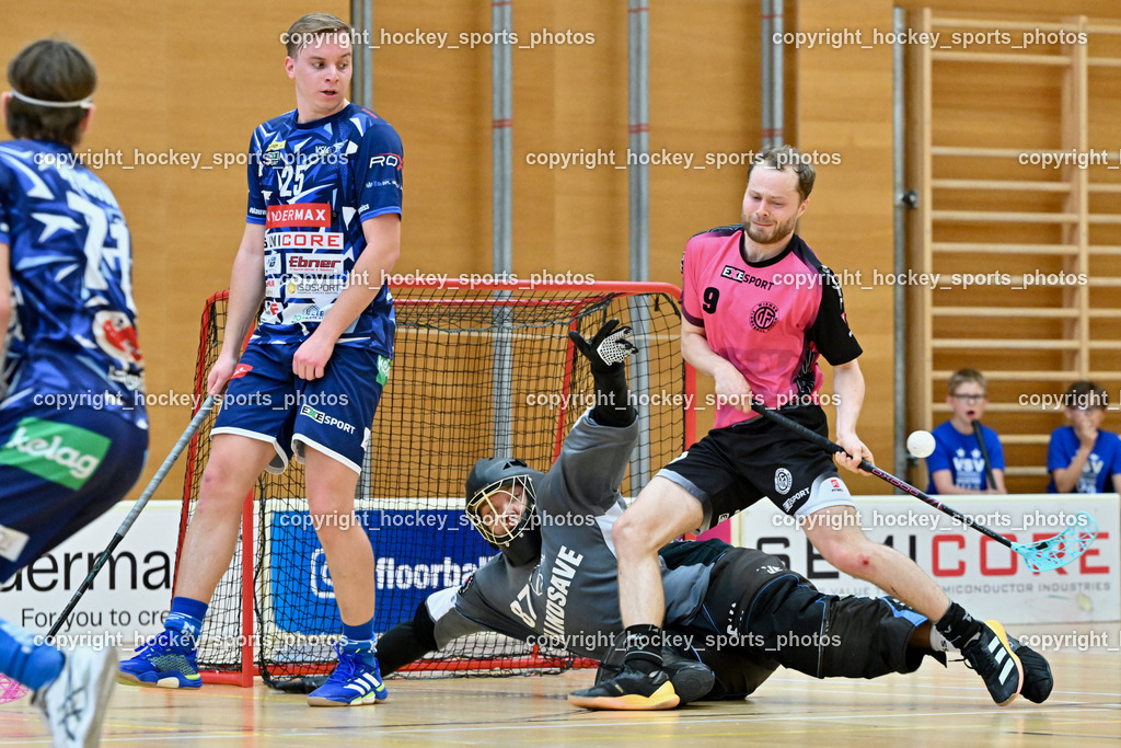 VSV Unihockey vs. Wiener Floorball Verein | #71 Leon Widnig VSV Unihockey, #25 Jan Blazic VSV Unihockey, #87 Timmo Taurer VSV Unihockey, #9 ZEHETNER Laurin Wiener Floorballverein, VSV Unihockey vs. Wiener Floorball Verein, VSV Unihockey vs. Wiener Floorball Verein am 18.05.2025 in Villach (Ballspielhalle St. Martin), Austria, (Photo by Bernd Stefan)