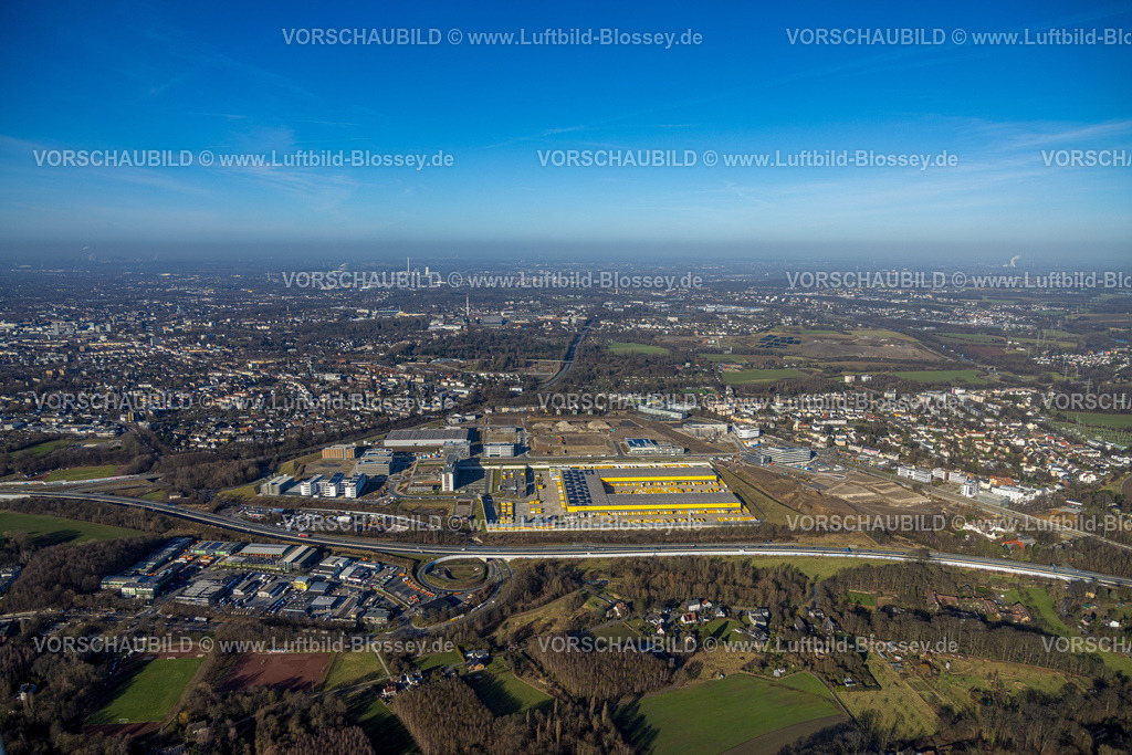 Bochum240103201 | Luftbild, DHL Logisitik, Großbaustelle Mark 51/7, O-Werk Campus und Neubau Wissenschafts- und Technologiequartier, ehemaliges Opel Areal an der Autobahn A448, Laer, Bochum, Ruhrgebiet, Nordrhein-Westfalen, Deutschland