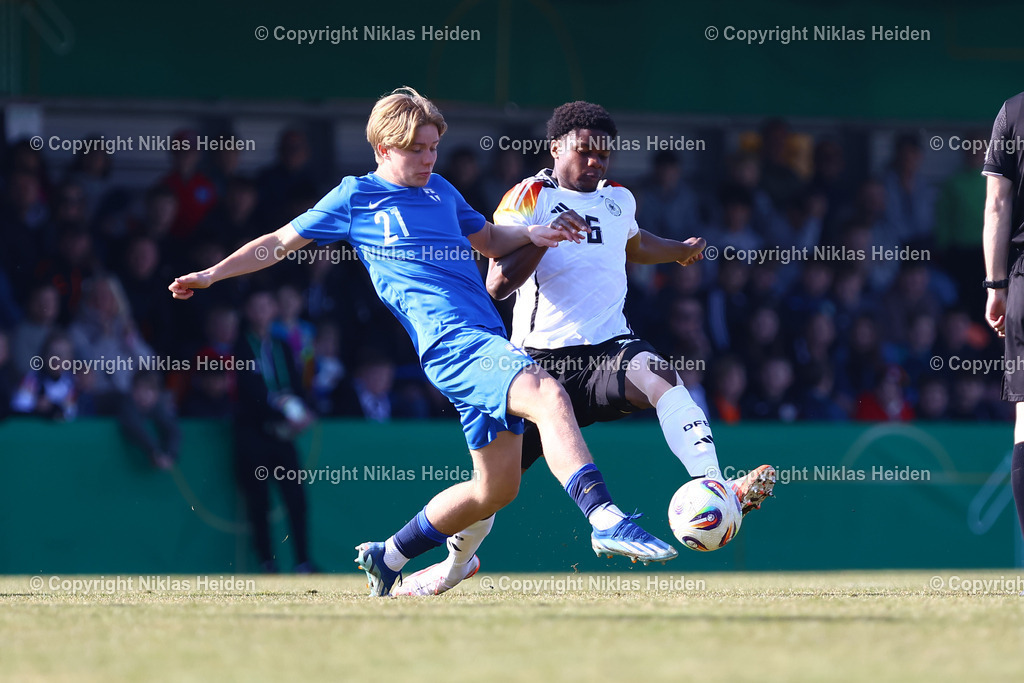 NH_DeutschlandU19_FinnlandU19_UEFAQualifikationsturnier_22032025 | #6 Winners Osawe (Deutschland U19), #21 Pyry Menu (Finnland U19)Fußball I Junioren I UEFA-U19-Europameisterschaft I Saison 2024-2025 I Qualifikationsturnier I Deustchland U19 - Finnland U19 I 22.03.2025 I GWG-Stadion Flutmulde