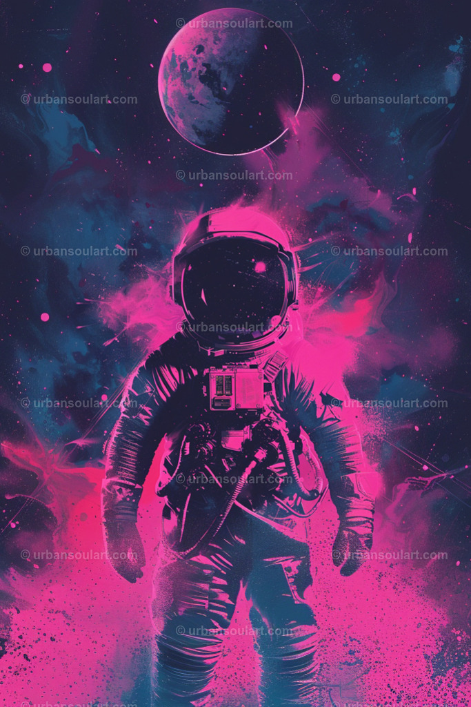 Astronaut In Fluorescent Space Cloud | Dive into cosmic beauty with this vibrant artwork of an astronaut enveloped in neon pink and blue clouds. This celestial-inspired canvas is perfect for lovers of space and futuristic art, capturing the mystery of the universe in electrifying colors. An eye-catching piece that brings modern, galactic vibes to any room. - Realisiert mit Pictrs.com