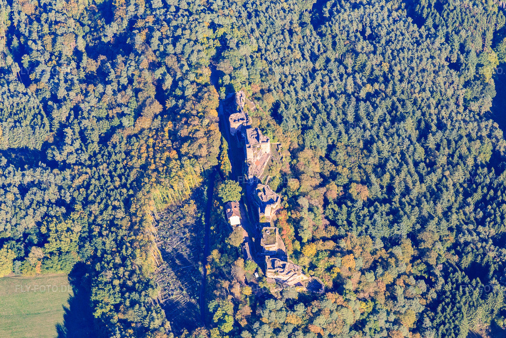Luftbild: Burgenmassiv Altdahn mit Burgruine Grafendahn und Burgruine Tanstein in Dahn im Bundesland Rheinland-Pfalz in Deutschland. Foto: IMG_095240.jpg vom 16.10.2016 durch Werner Riehm/FLY-FOTO.deBURGENLANDSCHAFT-PFALZ.DE
