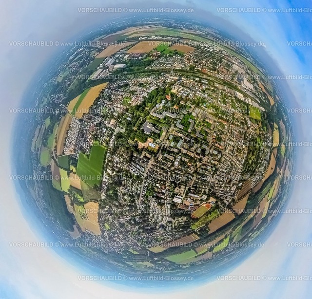 Holzwickede230990103 Mitte | Luftbild, Stadtansicht mit Platz von Louviers und Containerplatz für Kita, Erdkugel, Fisheye Aufnahme, Fischaugen Aufnahme, 360 Grad Aufnahme, tiny world, Holzwickede, Ruhrgebiet, Nordrhein-Westfalen, Deutschland