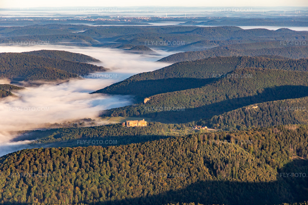 Aerial view: Steinbachtal under the morning mist in Lembach in the state Bas-Rhin, France.Photo: IMG_138846.jpg taken on 09/24/2023 by Werner Riehm/FLY-FOTO.comResolution of the original: 5472 x 3648 px