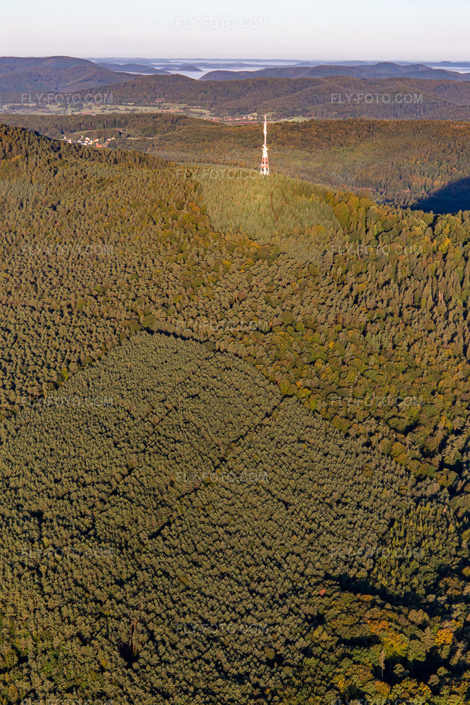 Aerial view: Transmission tower on the Col de Pigeonnier in Wissembourg in the state Bas-Rhin, France. – Photo: IMG_138826.jpg taken on 09/24/2023 by Werner Riehm/FLY-FOTO.com – Resolution of the original: 3648 x 5472 px