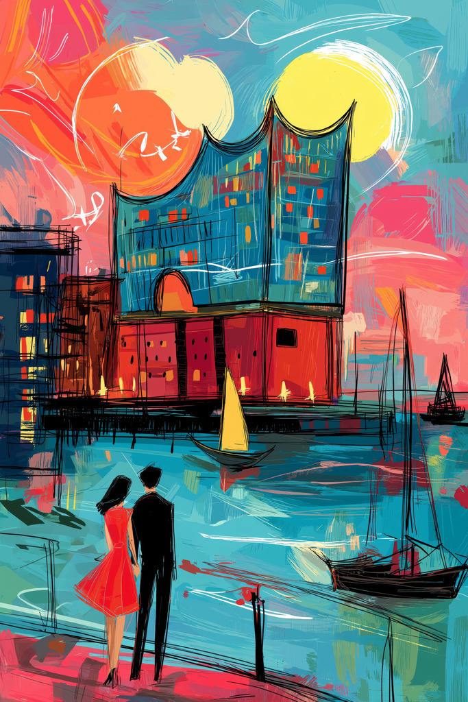 10250804 - Romantischer Spaziergang | Romantischer Spaziergang an der Elbphilharmonie im Stil eines Gemäldes.