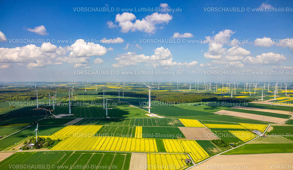 Marsberg240504353Meerhof | Luftbild, Windpark Windenergieanlagen bei Meerhof, Rapsfelder und grüne Wiesen und Felder, Fernsicht mit blauem Himmel und Wolken, Meerhof, Marsberg, Sauerland, Nordrhein-Westfalen, Deutschland