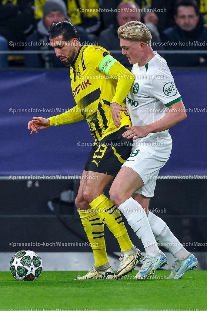 UCL1902250102191 | 19.02.2025, Fußball, UEFA Champions League, Borussia Dortmund - Sporting Lissabon, Signal Iduna Park, Knockout phase play-offs, Saison 2024 2025: Emre Can (BVB #23) im Zweikampf gegen Conrad Harder (Sporting #19)