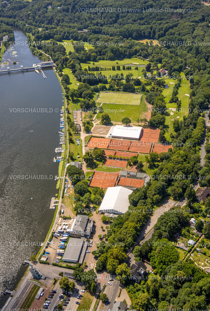 Essen230708085 | Luftbild, ETUF Freizeit-, Sport- und Kulturveranstaltungs GmbH, Tennisplätze und Golfplätze, Stauwehr am Baldeneysee, Bootsanlegestelle AGFS Bootsverein, Bredeney, Essen, Ruhrgebiet, Nordrhein-Westfalen, Deutschland
