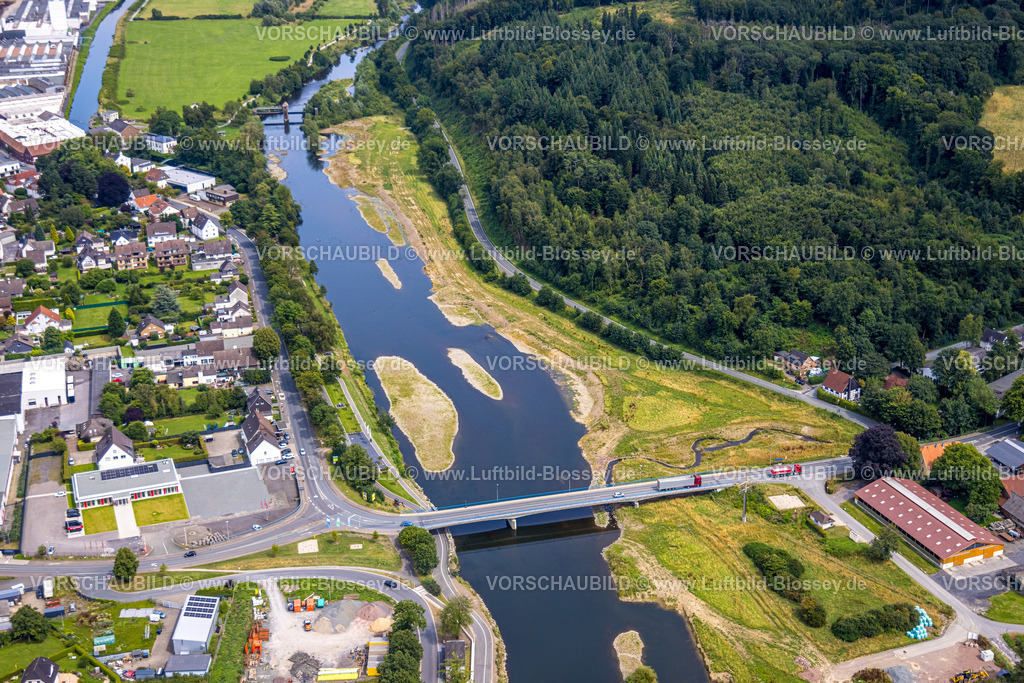 Wickede240711359 | Luftbild, Fluss Ruhr von Ruhrbrücke Wickede mit der Bundesstraße B63 bis zum Wehr Echthausen, NSG Naturschutzgebiet Ruhraue und Wald, Echthausen, Wickede, Soester Börde, Nordrhein-Westfalen, Deutschland