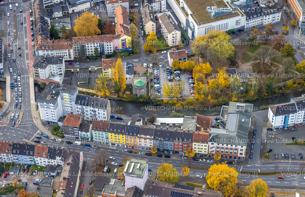 Hagen251102443 | Luftbild, Synagoge Hagen am Fluss Volme, Potthof Parkplatz, Hochbunker und Wohngebiet Märkischer RIng, Häuser und bunte Hausfassaden, Mittelstadt, Hagen, Ruhrgebiet, Nordrhein-Westfalen, Deutschland
