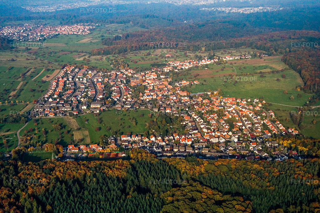 Luftbild: Ortsansicht aus Süden im Ortsteil Schöllbronn in Ettlingen im Bundesland Baden-Württemberg in Deutschland. Foto: IMG_14040.jpg vom 11.10.2008 durch Werner Riehm/FLY-FOTO.de