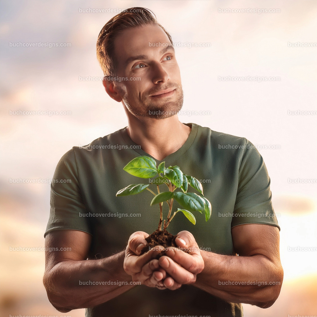Mann mit kleiner Pflanze in Händen | Entdecken Sie kreative Buch Cover Designs für Self-Publishing-Autoren und Verlage! Unsere maßgeschneiderten Designs ziehen Leser an und bringen Ihre Geschichten visuell zum Leben. Lassen Sie uns Ihr perfektes Cover gestalten!
