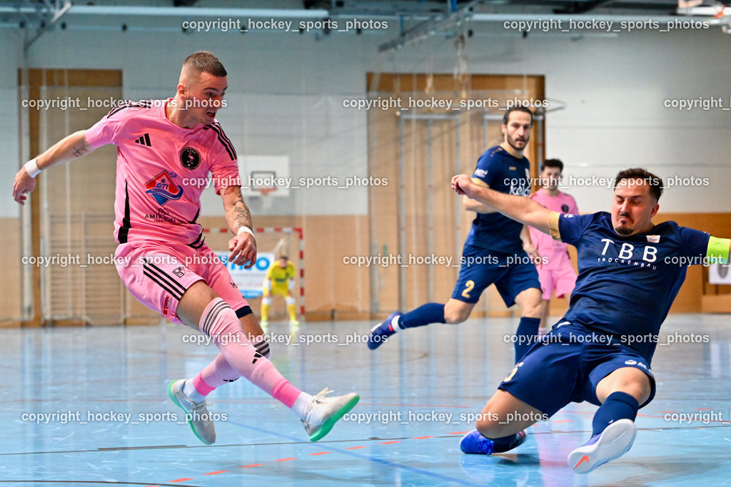 Carinthia Flamengo Futsal Club vs. Futsal Klagenfurt | #24 Zoran Vukovic Carinthia Flamengo, #15 Vahid Muharemovic Futsal Klagenfurt, Carinthia Flamengo Futsal Club vs. Futsal Klagenfurt, Carinthia Flamengo Futsal Club vs. Futsal Klagenfurt am 01.12.2024 in Klagenfurt (Ballspielhalle Viktring), Austria, (Photo by Bernd Stefan)