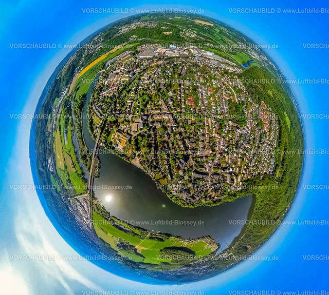 Wetter240590197HarkortSee_Freiheit | Luftbild, Ortsansicht und mittelalterlicher Ortskern Freiheit, Harkortsee mit Campingplatz Wassersportverein und Campingverein Hagen e.V., Erdkugel, Fisheye Aufnahme, Fischaugen Aufnahme, 360 Grad Aufnahme, tiny world, little planet, fisheye Bild, , Wetter, Ruhrgebiet, Nordrhein-Westfalen, Deutschland